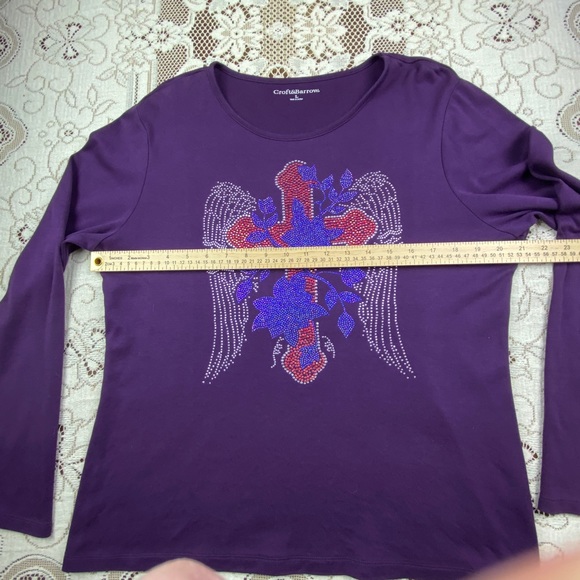 Croft & Barrow Women's T-Shirt L Angel Wings Rhinestones Purple Long Sleeve Pima - Picture 8 of 12